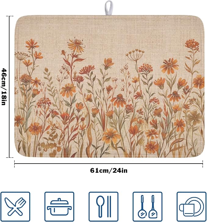 Fall Floral Dish Drying Mat for Kitchen Counter 18 x 24 Inch Autumn Sunflower - Image 2