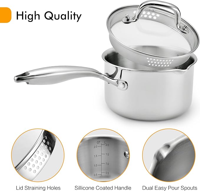 Cyrosa 2.5 Quart Saucepan with Strainer Lid, Stainless Steel Sauce Pot - Image 3