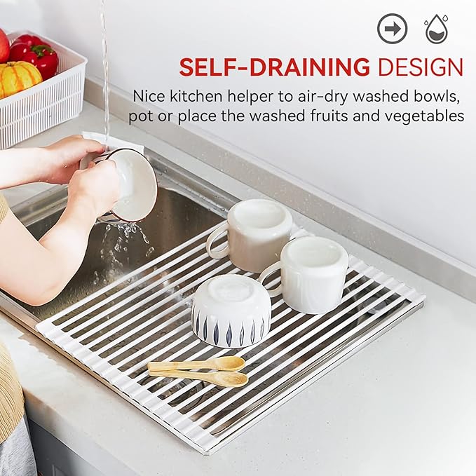 MERRYBOX Roll Up Dish Drying Rack Silicone Wrapped Over The Sink Dish Rack - Image 8