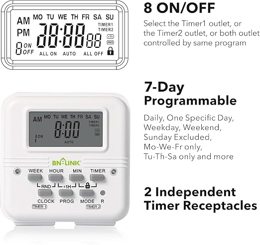 BN-LINK Indoor Digital Light Timer, 7 Day Programmable Plug - Image 3