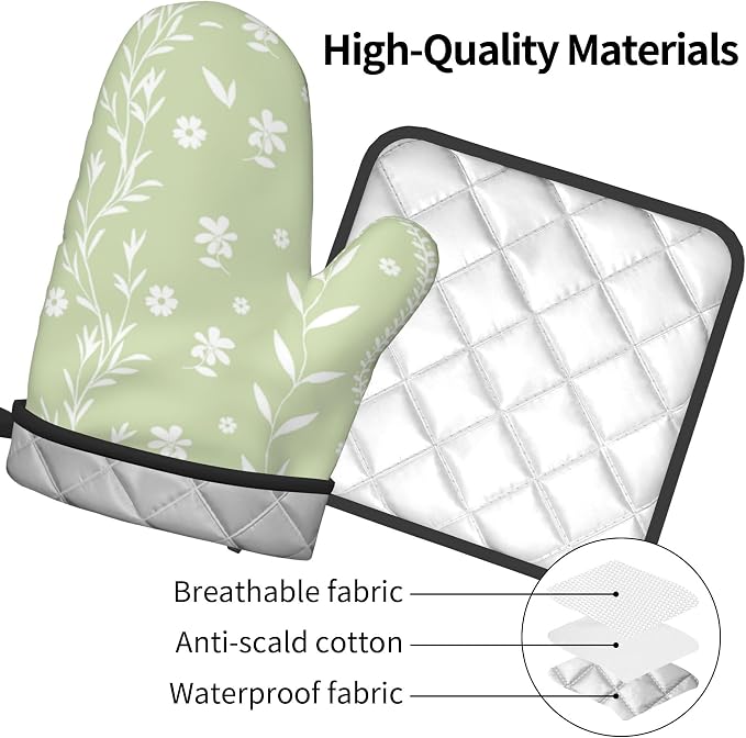 Sage Green Oven Mitt Pot Holder Set Floral BBQ Cooking Gloves Farmhouse - Image 4