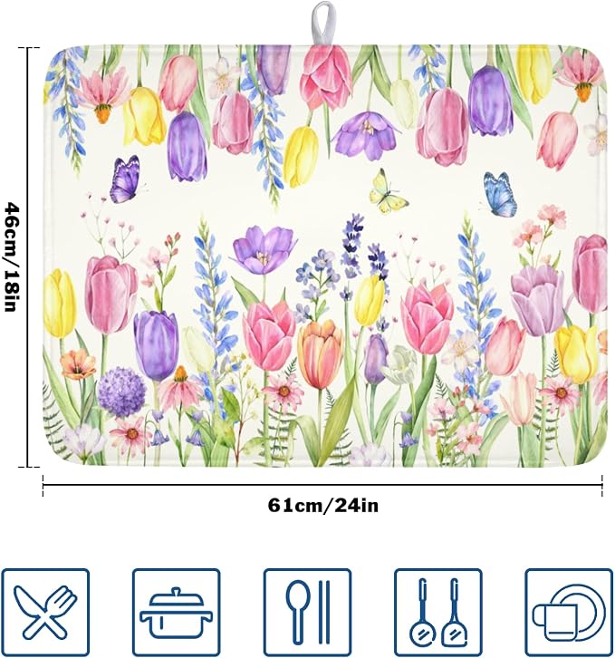 Spring Floral Dish Drying Mat for Kitchen Counter Easter Tulip Lavender Flower - Image 2