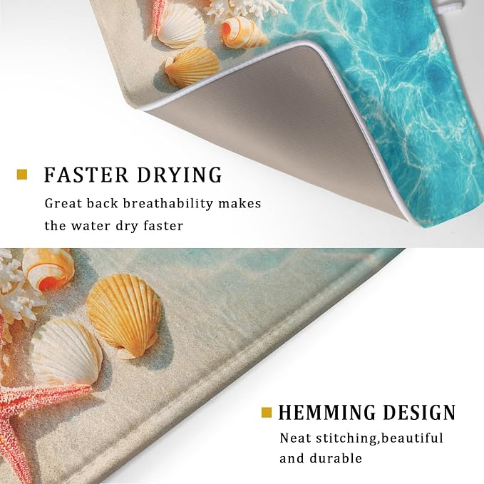 Giwawa Coastal Starfish Dish Drying Mat 18"x24" Ocean Blue Sea Coral Seashell - Image 3