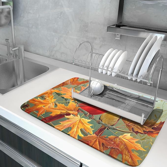 Giwawa Fall Birds Dish Drying Mat 18x24 Inch Autumn Maple Leaf Tree Dish - Image 5