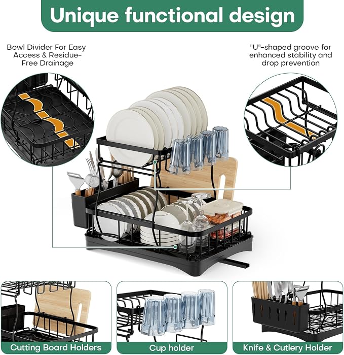 2 Tier Dish Rack, Carbon Steel Dish Drying Rack - Image 3