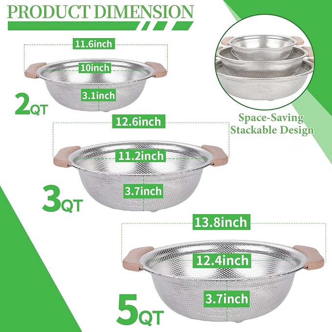 Colander Set with Plastic Handles, Stainless Steel Micro-Perforated Colanders - Image 2