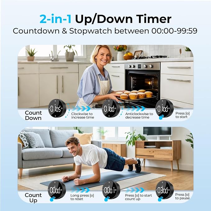 Digital Kitchen Timer, Large Display Magnetic Countdown Countup Timer, 3 Preset - Image 5