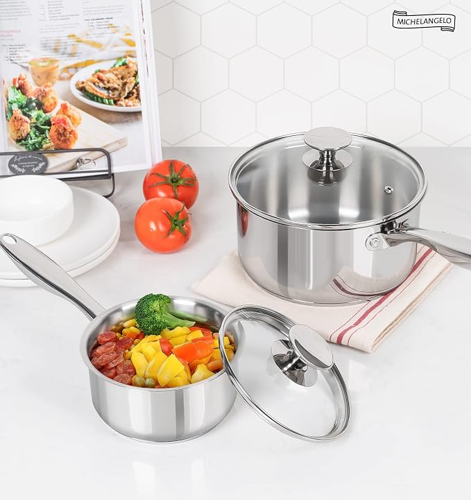 MICHELANGELO Stainless Steel Saucepan Set, 1QT & 3QT Saucepans - Image 7