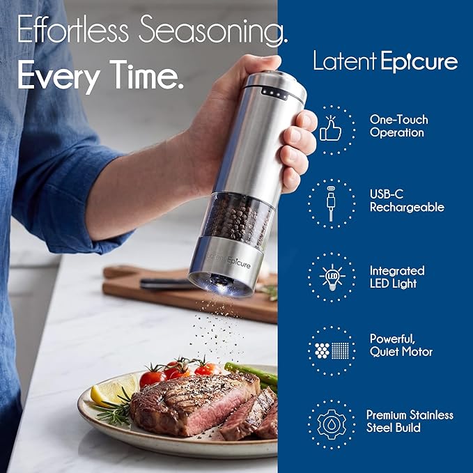 Latent Epicure Electric Salt and Pepper Grinder Set, USB-C Rechargeable - Image 3