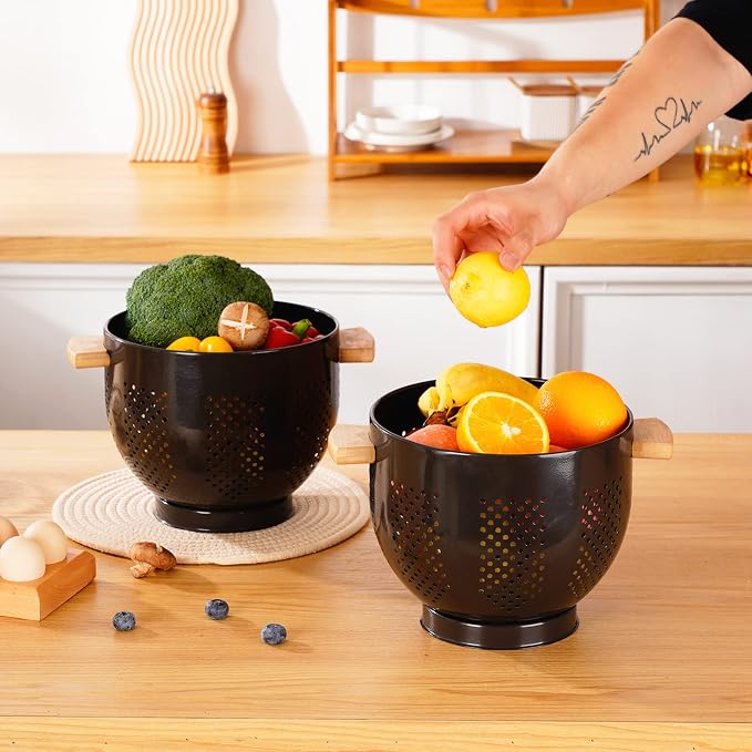 Metal Colander with Wood Handle and Stable Base, Powder Coated Steel Kitchen - Image 3