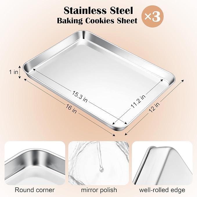 E-far Baking Sheets Set of 3, 16” x12” x 1” Stainless Steel Cookie Sheets Pans - Image 2