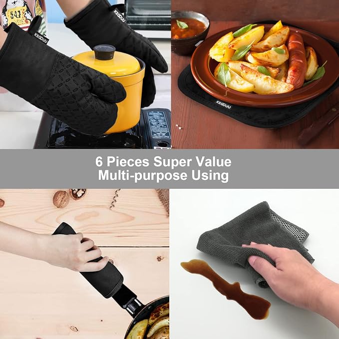 KEGOUU Oven Mitts and Pot Holders 6pcs Set, Kitchen Oven Glove High Heat - Image 7