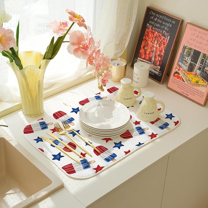 4th of July Dish Drying Mat 18x24 Inch Blue Red Ice Cream Stars Patriotic - Image 7