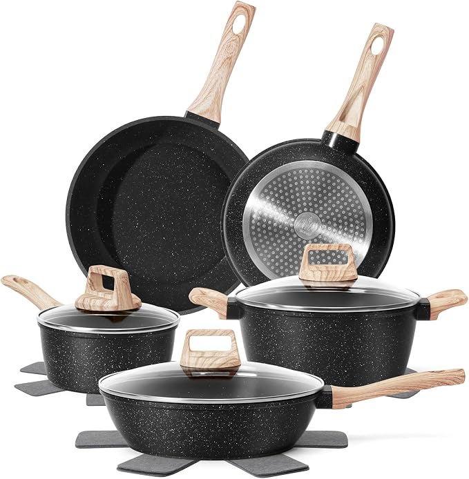 SODAY 12 Pcs Pots and Pans Set Non Stick, Cookware Sets Black Granite Induction by SODAY