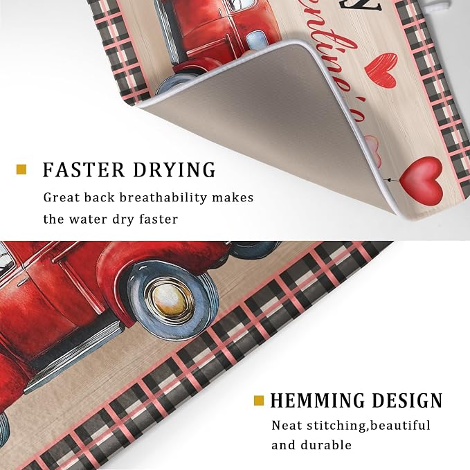 Valentine's Day Truck Dish Drying Mat 18x24 inch Love Heart Washable Absorbent - Image 3