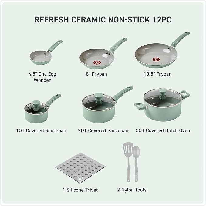 T-Fal Refresh Ceramic Nonstick Cookware Set, Oven Safe Up to 350ºF, Includes - Image 2