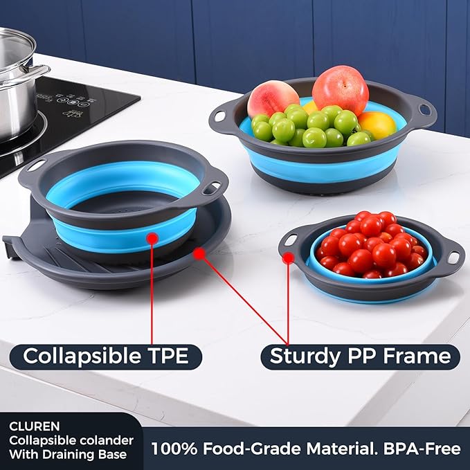Collapsible Colander Set with Oversized Draining Tray | 3-Pack Foldable Kitchen - Image 5