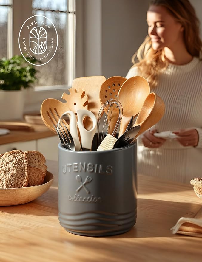 AISBUGUR Large Ceramic Utensil Holder 7.5" H×6.3" W - Image 6