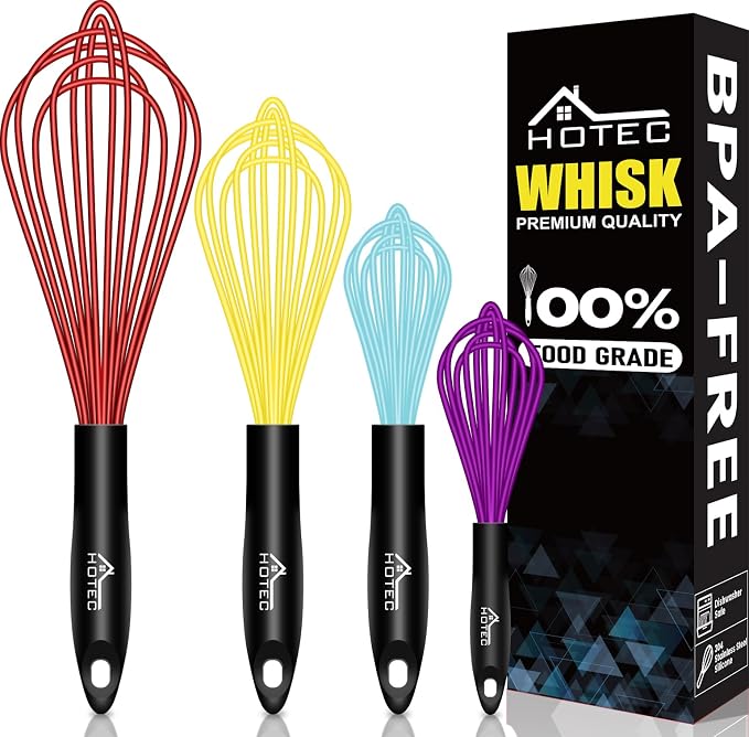 HOTEC 4 Pieces Silicone Whisks Set, Wire Balloon Whisks Egg Beater, Non-slip by Hotec