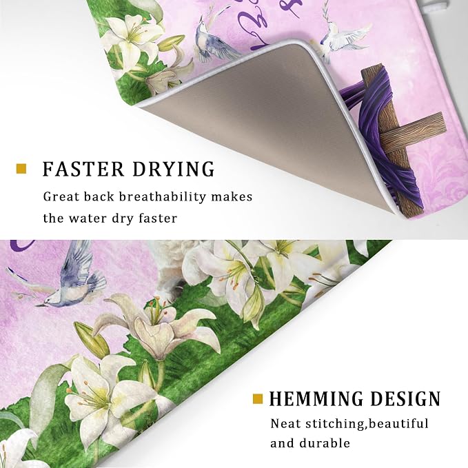 Giwawa Easter Purple Dish Drying Mat, He is Risen Cross Lamb Floral Dish - Image 3