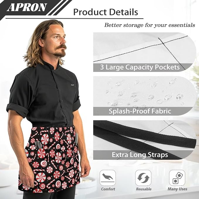 Server Apron with 3 Pockets, Waterproof Oil Waitress Waiter Half Apron - Image 6