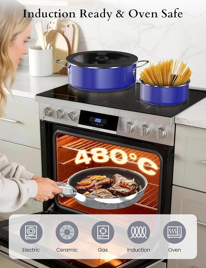 Pro DUXANO 12PC Nonstick Pots and Pans Set&Hybrid 3-Ply Stainless Steel Skillet - Image 8