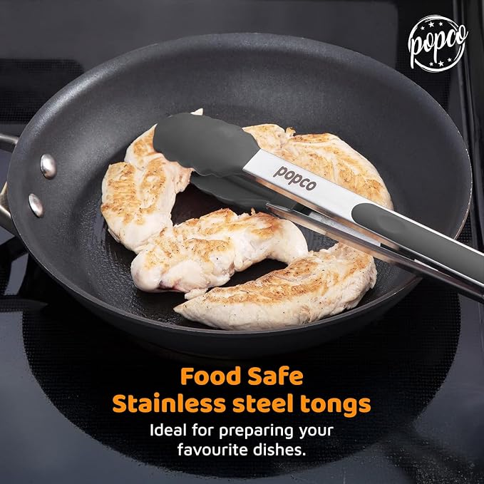Popco 3-Piece Kitchen Tongs Set – Stainless Steel Heat Resistant Silicone Tips - Image 2
