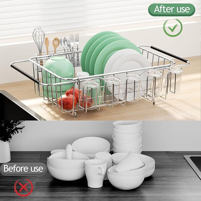 Small Dish Drying Rack in Sink, Extendable Stainless Steel Dish Drainers - Image 7