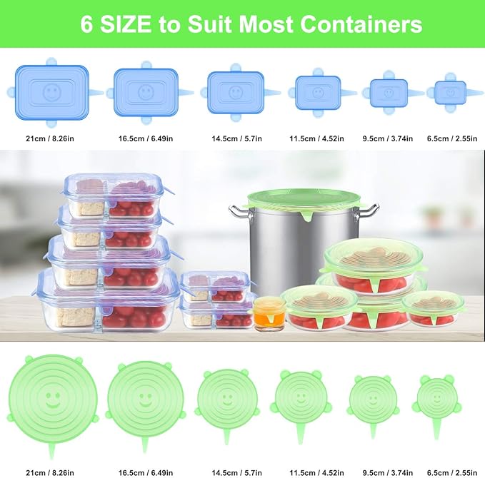 Silicone Stretch Lids for Food Storage in Fridge, 12 Pack Silicone Lids - Image 2
