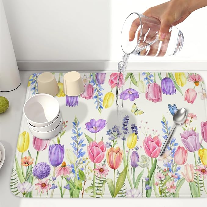 Spring Floral Dish Drying Mat for Kitchen Counter Easter Tulip Lavender Flower - Image 6