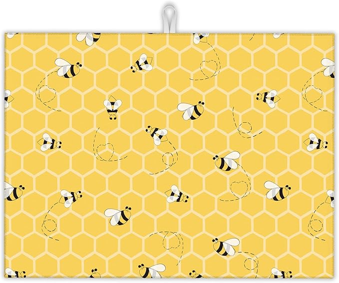 Yellow Bees Dish Drying Rack Mats Decor, Honey Honeycombs Dish Pad Drying Mat by UIUPRO