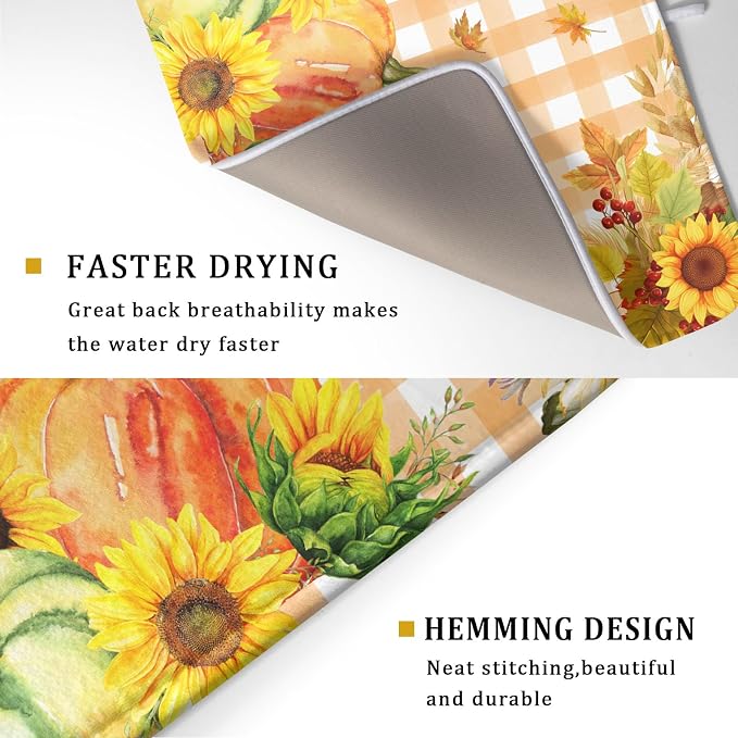 Autumn Maple Leaf Orange White Check Plaids Dish Drying Mat - Image 3