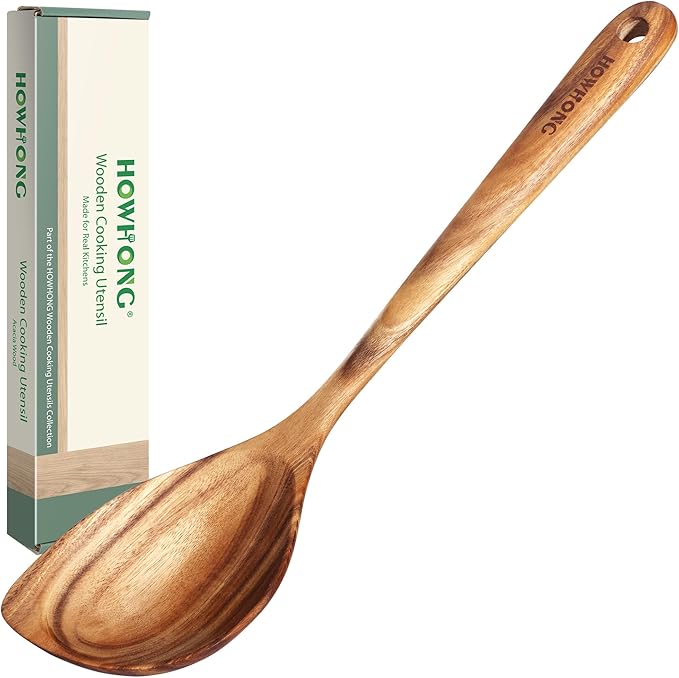 HOWHONG Corner Spoon Wooden Cooking Utensil, Long Handle Acacia Wood Spoon by HOWHONG