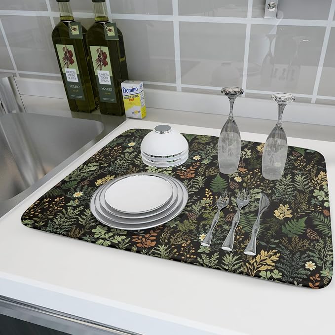 Black Green Botanical Dish Drying Mat - Image 6