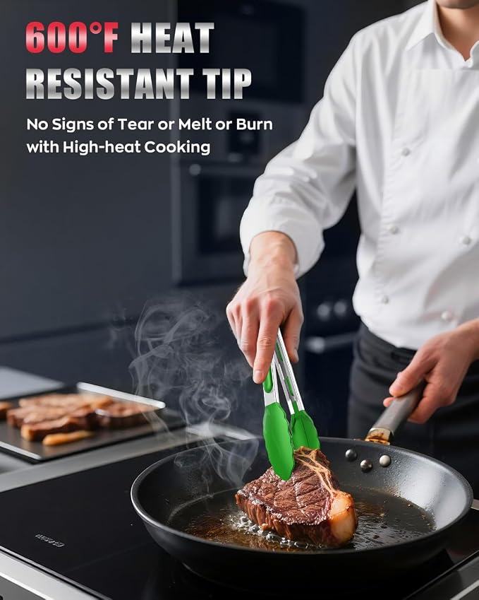 600ºF Heat Resistant Kitchen Tongs, Premium Locking Cooking Tongs - Image 2