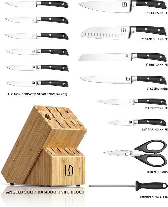 KnifeSaga Knife Set 15 Pcs Kitchen Knife Block Set, Enduring Razor-Sharp High - Image 6