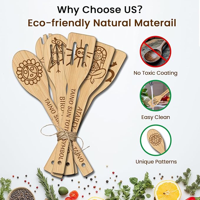 CUTHOLLOW 6PCS Taino Element Wooden Kitchen Cooking Utensil Set, 11.9in Non - Image 3