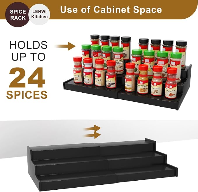 Lenwi Spice Rack Organizer for Cabinet 2 Pack, 3 Tier Expandable Bamboo Spice - Image 3