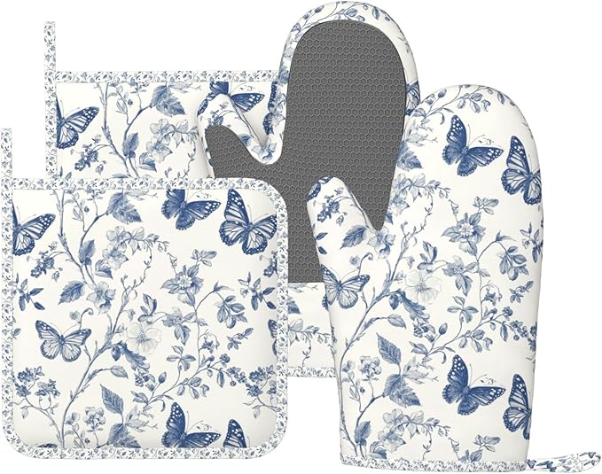 Oven Mitts and Pot Holders Butterfly Flower Vintage Blue Silicone Kitchen by DADABULIU