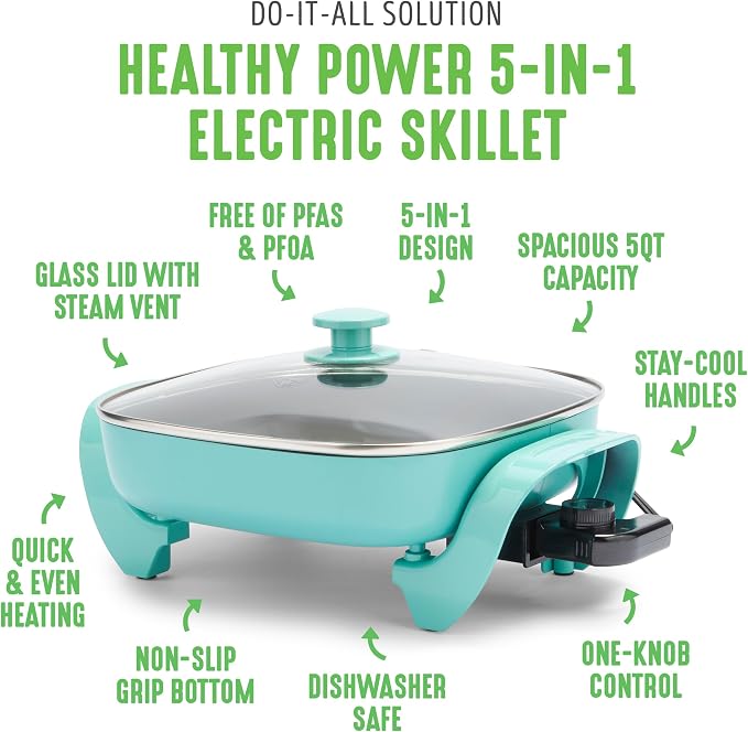 GreenLife 12" 5QT Square Electric Skillet, Glass Vented Lid, Ceramic PFAS-Free - Image 3