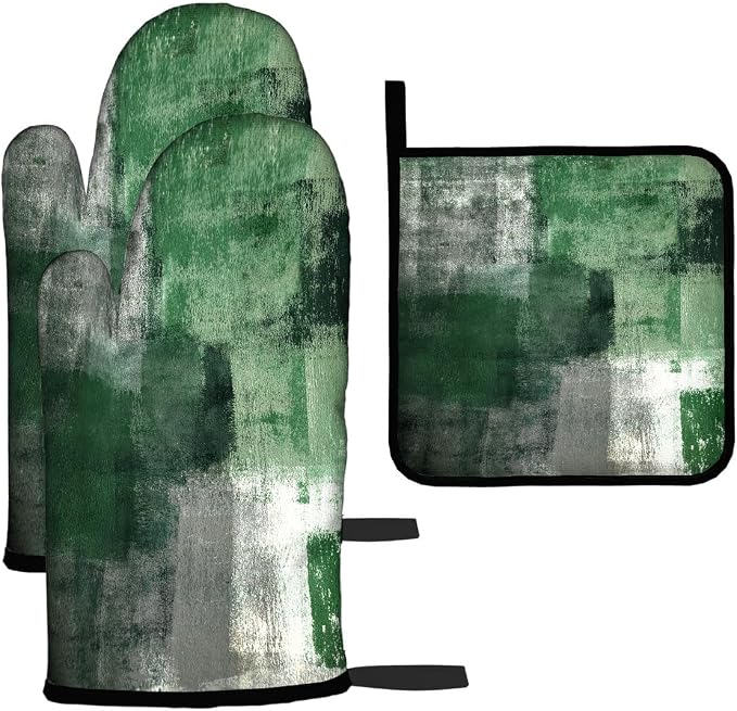 LOKMU Oven Mitts and Pot Holders Set of 3, Emerald Green and Grey White by LOKMU