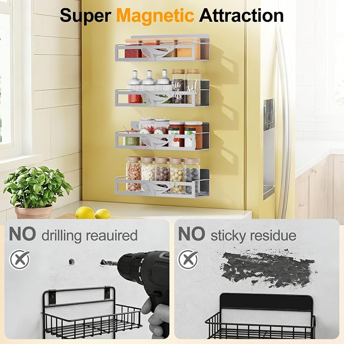 Magnetic Spice Rack for Refrigerator, 4 Pack Metal Magnetic Shelf Organizer for - Image 5
