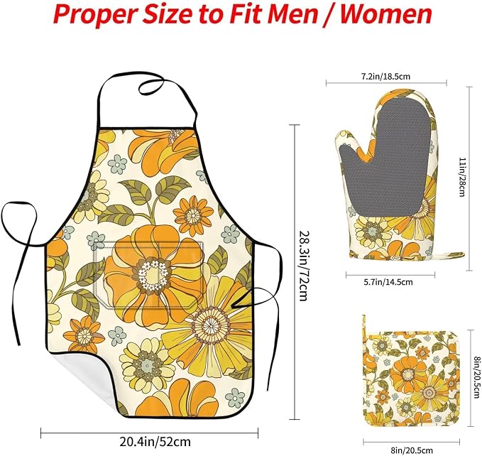 Retro 70s Style Flower Oven Mitts Pot Holders Cooking Apron Set of 5 Silicone - Image 2