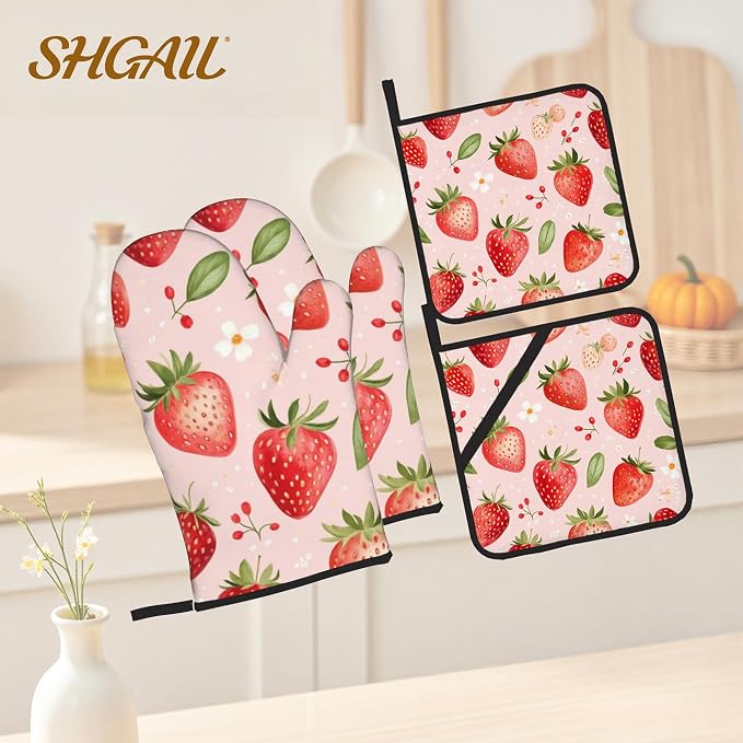 Strawberry Daisy Pattern Oven Gloves and Hot Pads Set - Image 2