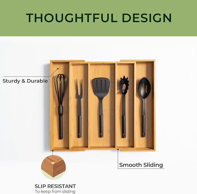 Carbonized Bamboo Kitchen Drawer Organizer, 5 Slots Expandable Silverware - Image 6