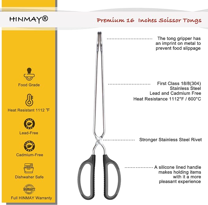 HINMAY Scissor Tongs 16-Inch Extra Long Stainless Steel Barbecue Grilling Tongs - Image 2