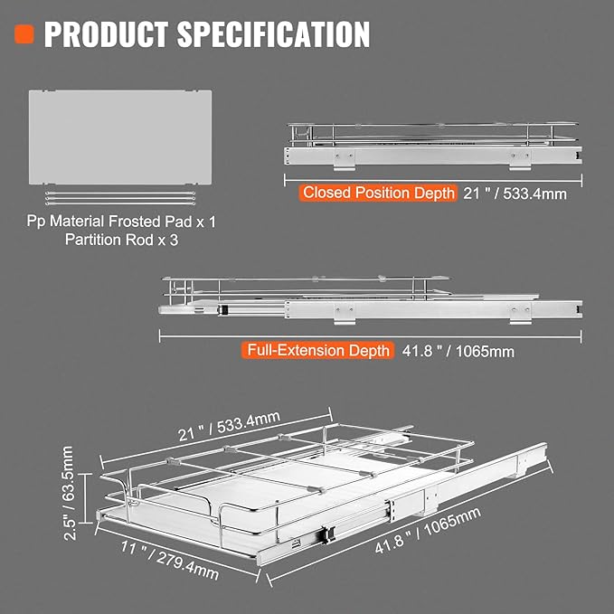 VEVOR 12.5"Wx21"Dx3.5"H Pull Out Cabinet Organizer, Heavy Duty Slide Out Pantry - Image 7