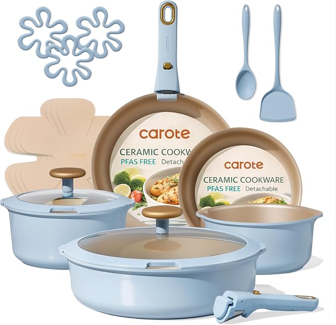 CAROTE 18Pcs Pots and Pans Set, Titanium kitchen Pan Set, Nonstick Cookware Set by CAROTE