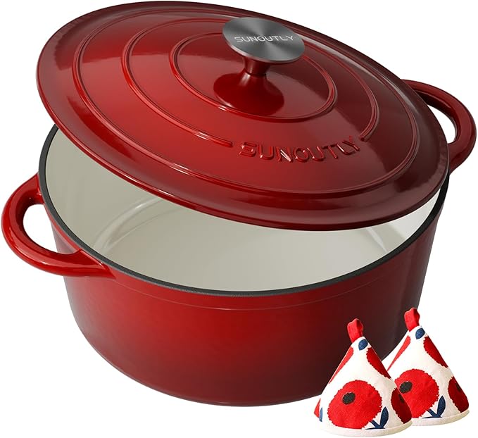 Enameled Cast Iron Dutch Oven - 6QT Pot - Heavy-Duty Cookware by SUNOUTLY