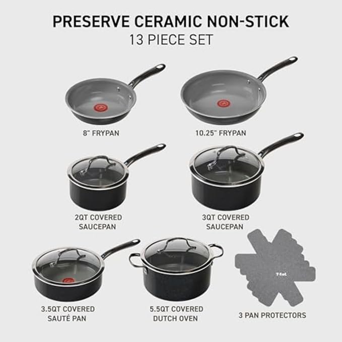 T-fal Preserve Ceramic, Non stick Cookware Set 13-Piece, Oven & Broiler Safe up - Image 2